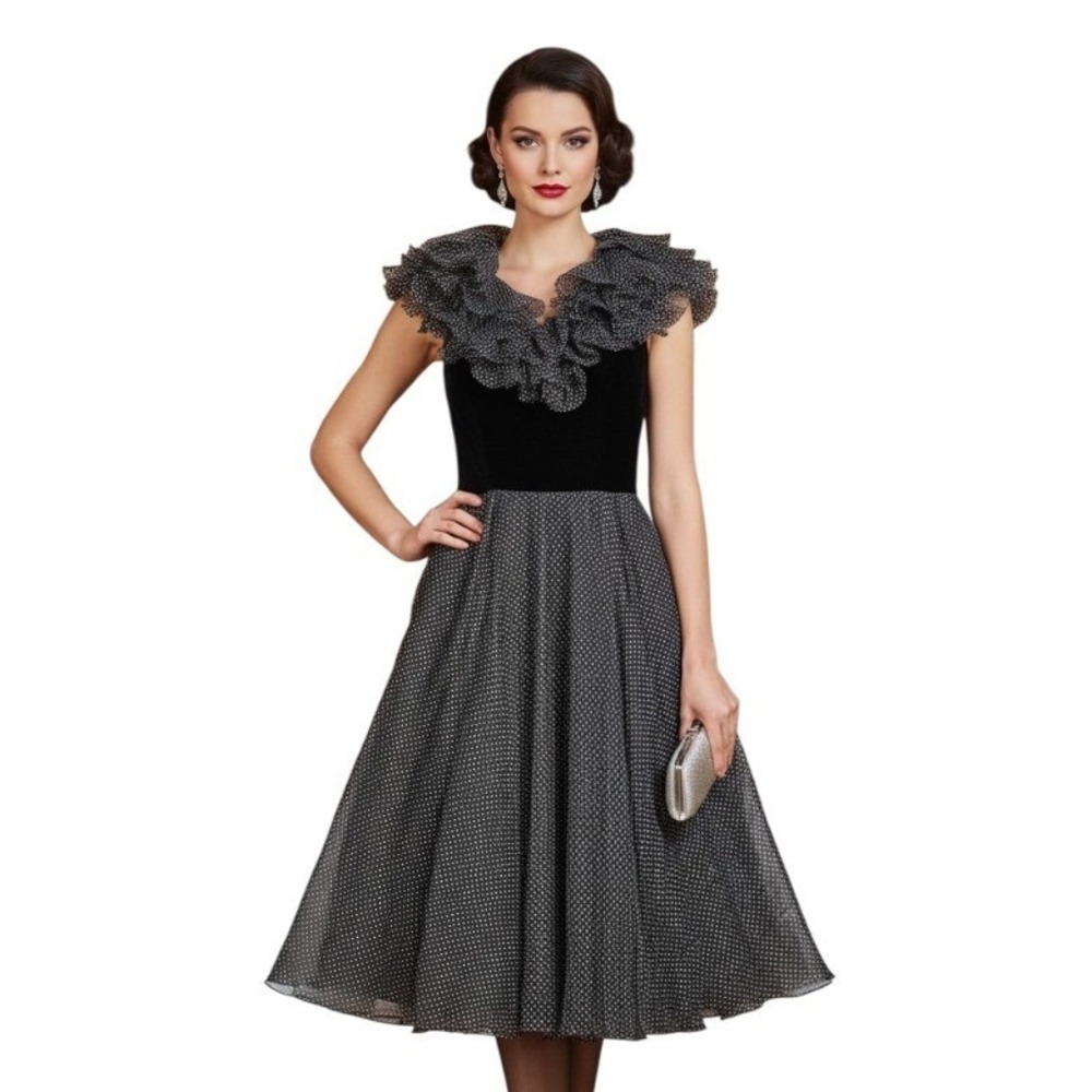 Vtg Act 1 Black VELVET Bodice Polka Dot CHIFFON Flutter Flare Dress (7-8) XXS